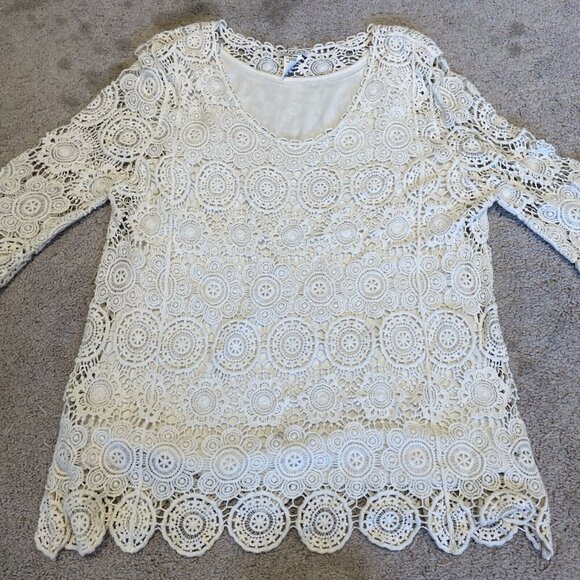 Vintage Creative Design Works Crochet Top Petite L Ivory Lined Sheer Romantic - Picture 4 of 9